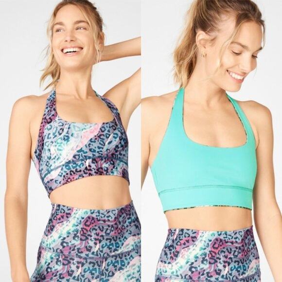 Fabletics Harlow Halter Reversible Sports Bra Dunes Lunar Blue Sz. L/10 NEW - Picture 1 of 10